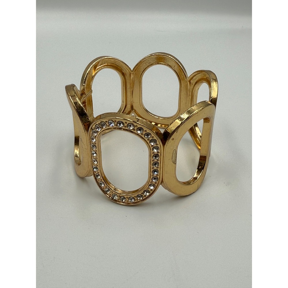 Gold Tone Crystal Oval Link Hinged Cuff‎ Statement Bracelet